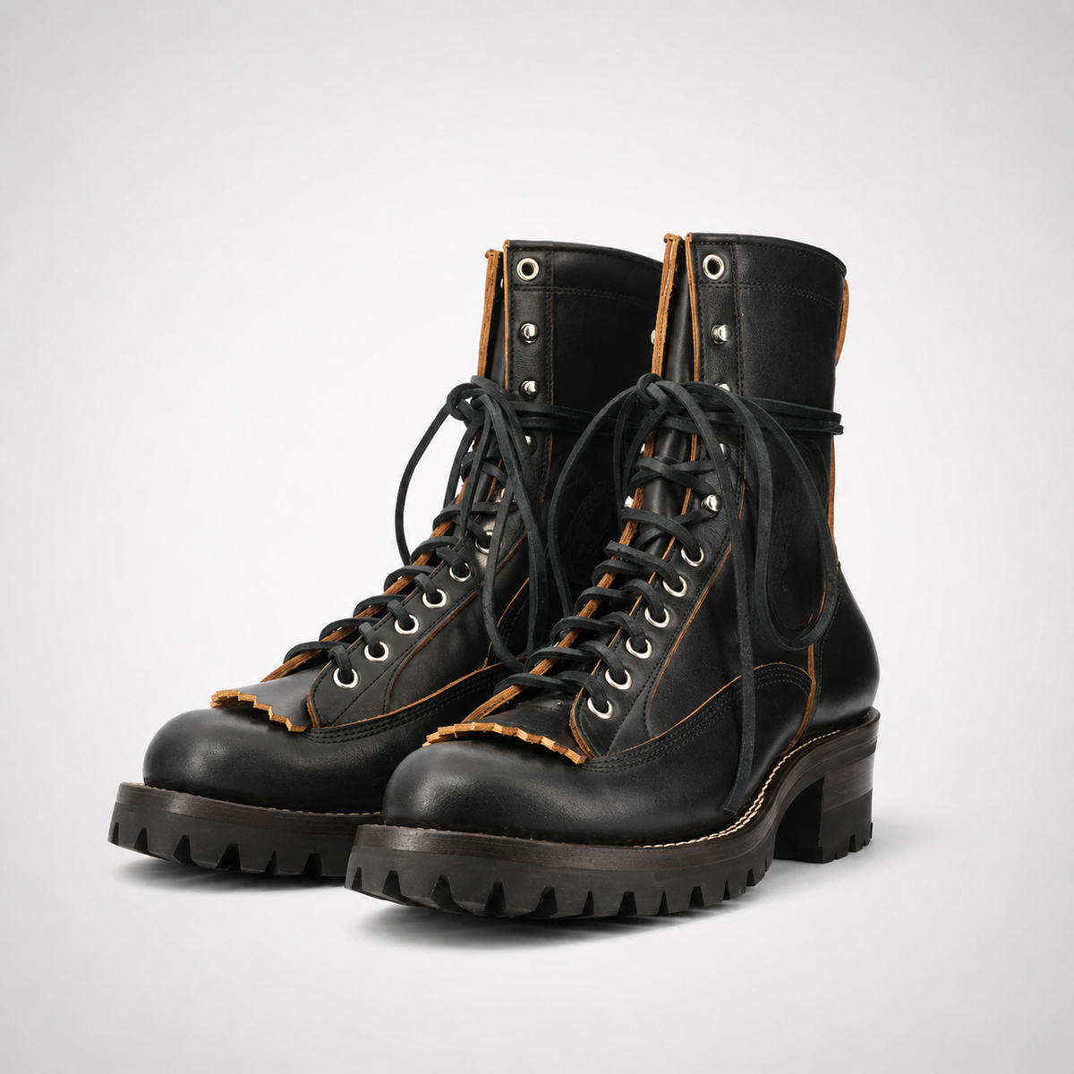Mens Black Leather Lineman Boots - Kiltie Tongue Stacked Heel