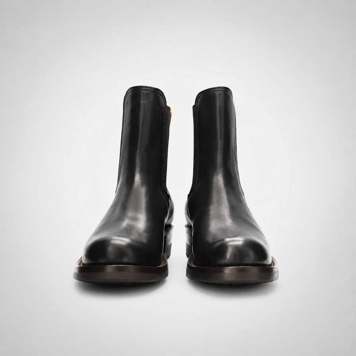 Mens Black Burnished Leather Chelsea Boots - Yellow Lined Block Heel