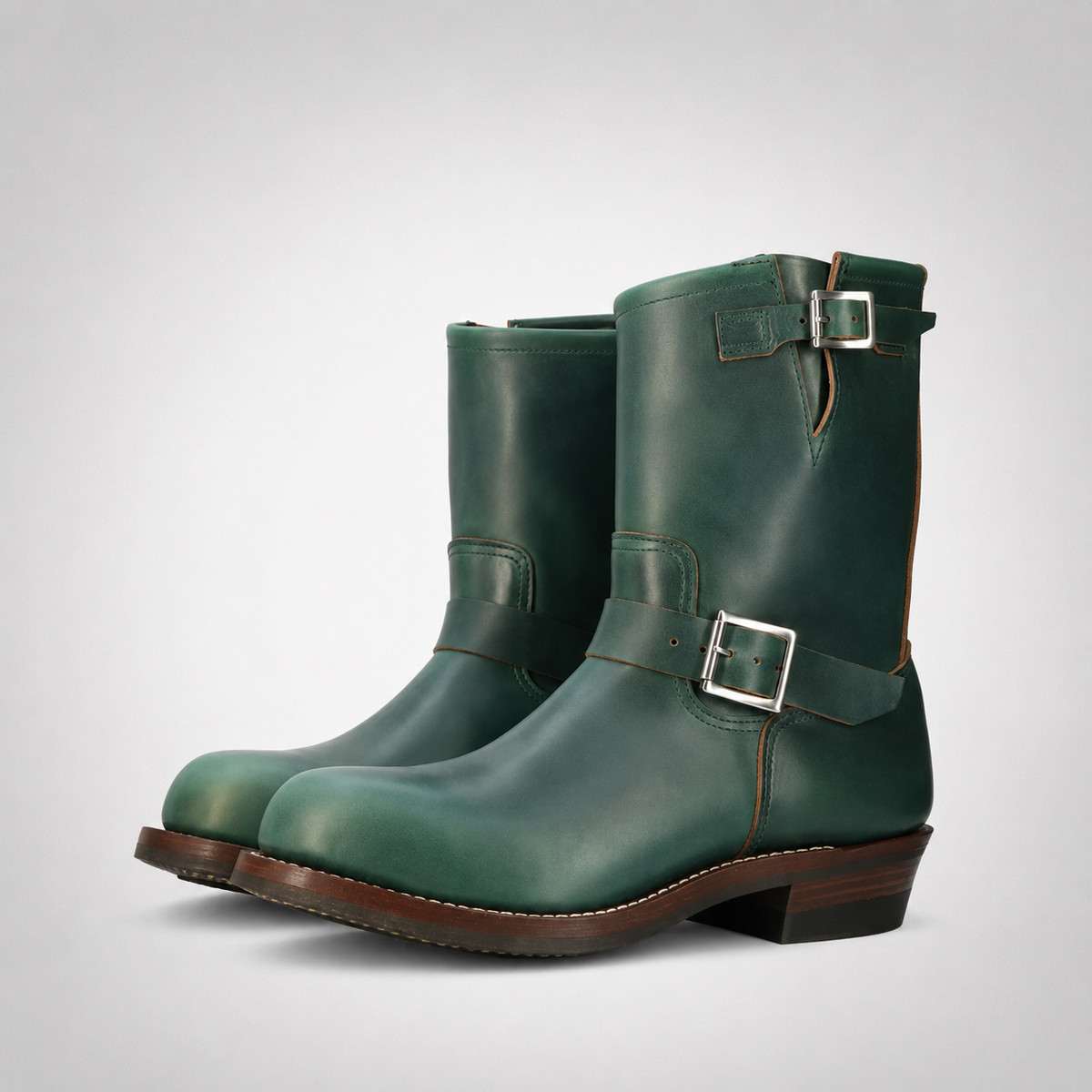 Mens Green Leather Engineer Boots - Dual Silver Buckle Brown Welt