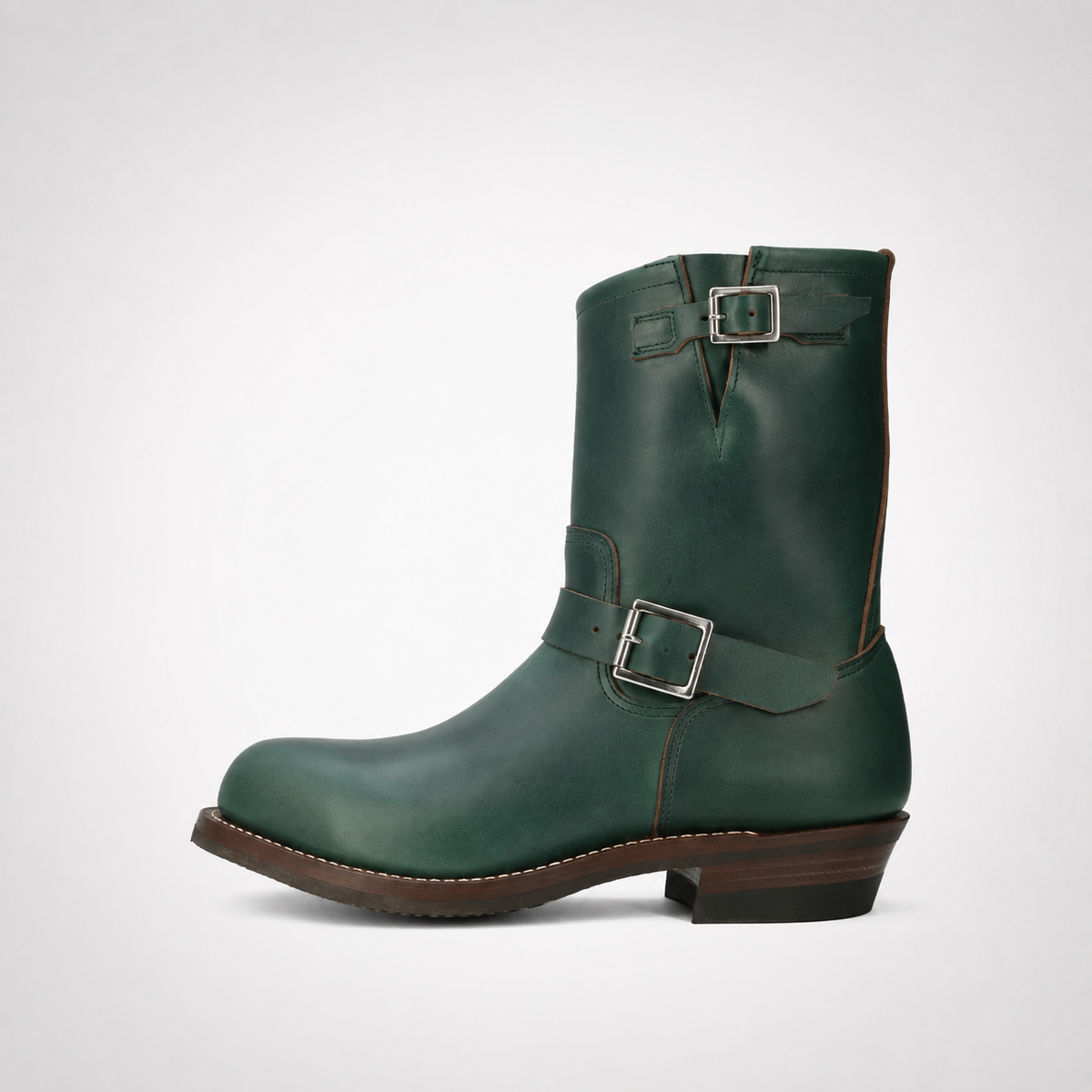 Mens Green Leather Engineer Boots - Dual Silver Buckle Brown Welt