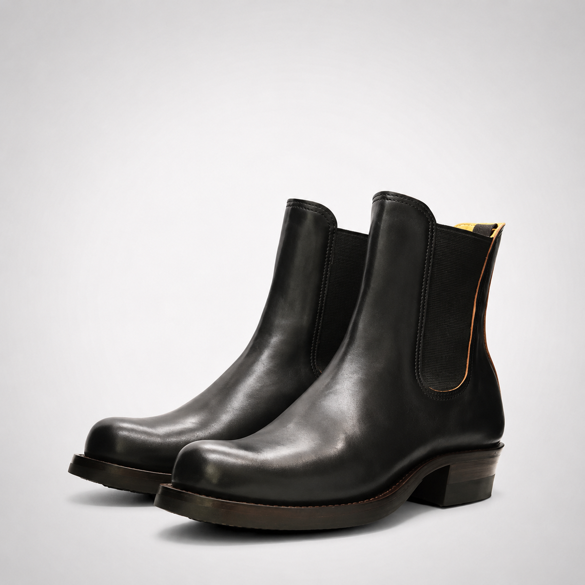 Mens Black Burnished Leather Chelsea Boots - Yellow Lined Block Heel