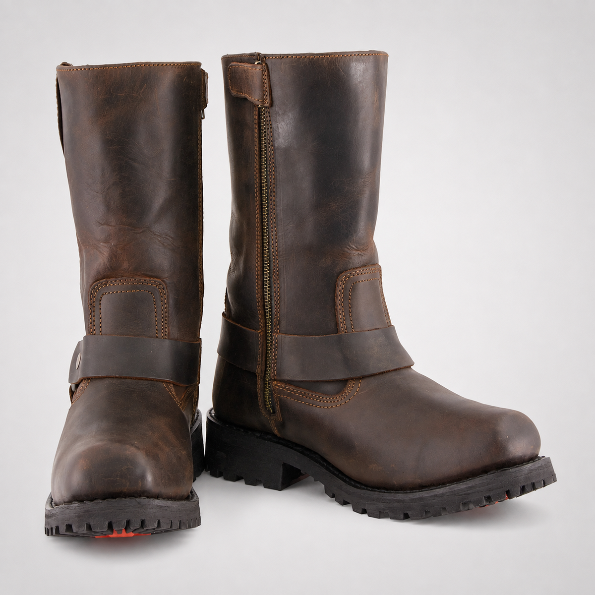 Mens Dark Brown Motorcycle Boots - Tall Pull-On Waxed Leather