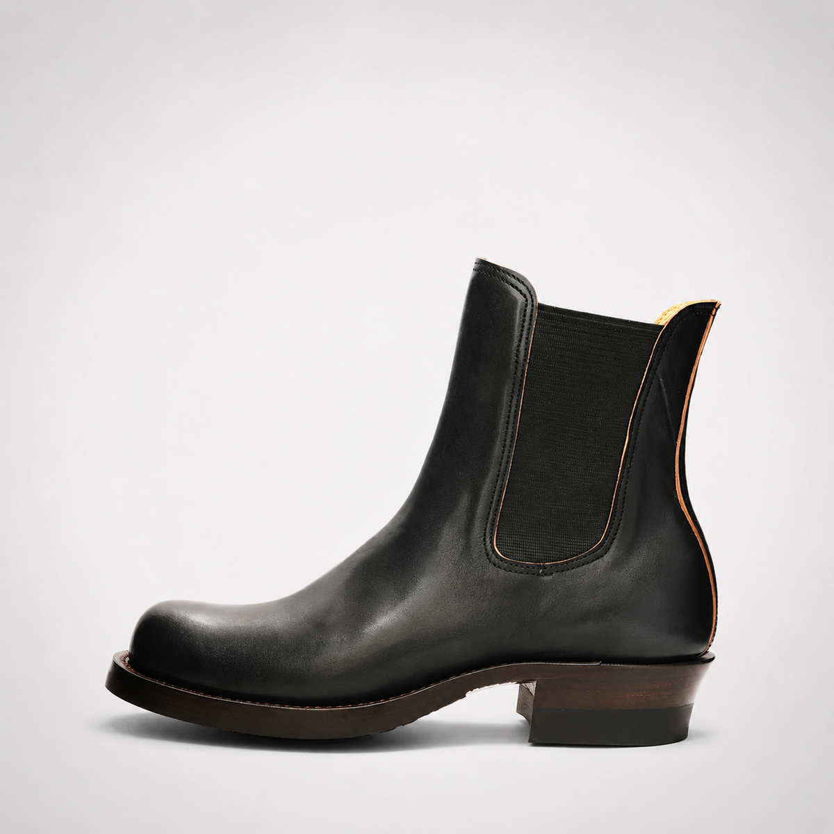 Mens Black Burnished Leather Chelsea Boots - Yellow Lined Block Heel