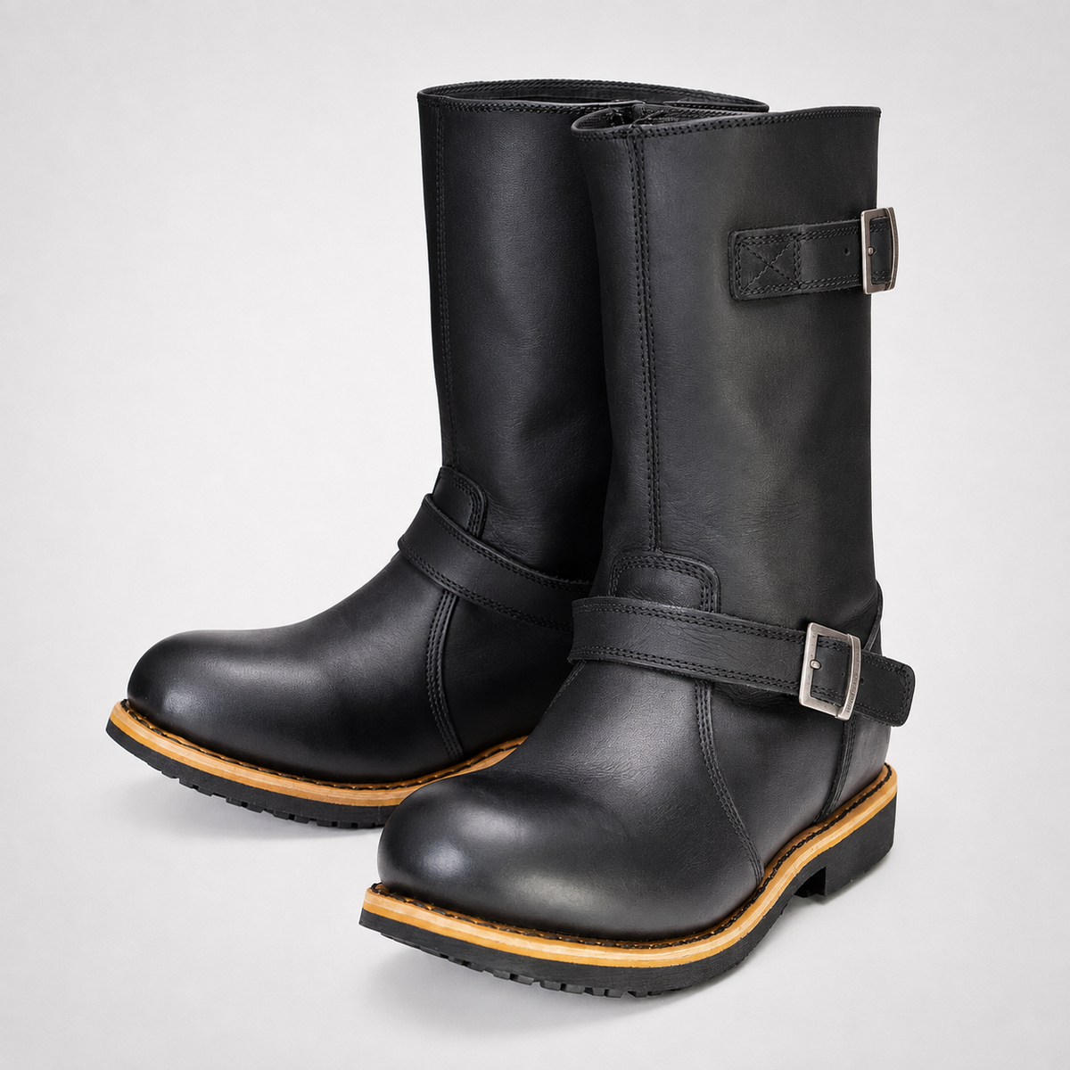 Mens Black Tall Biker Boots - Dual Buckle Natural Welt Sole
