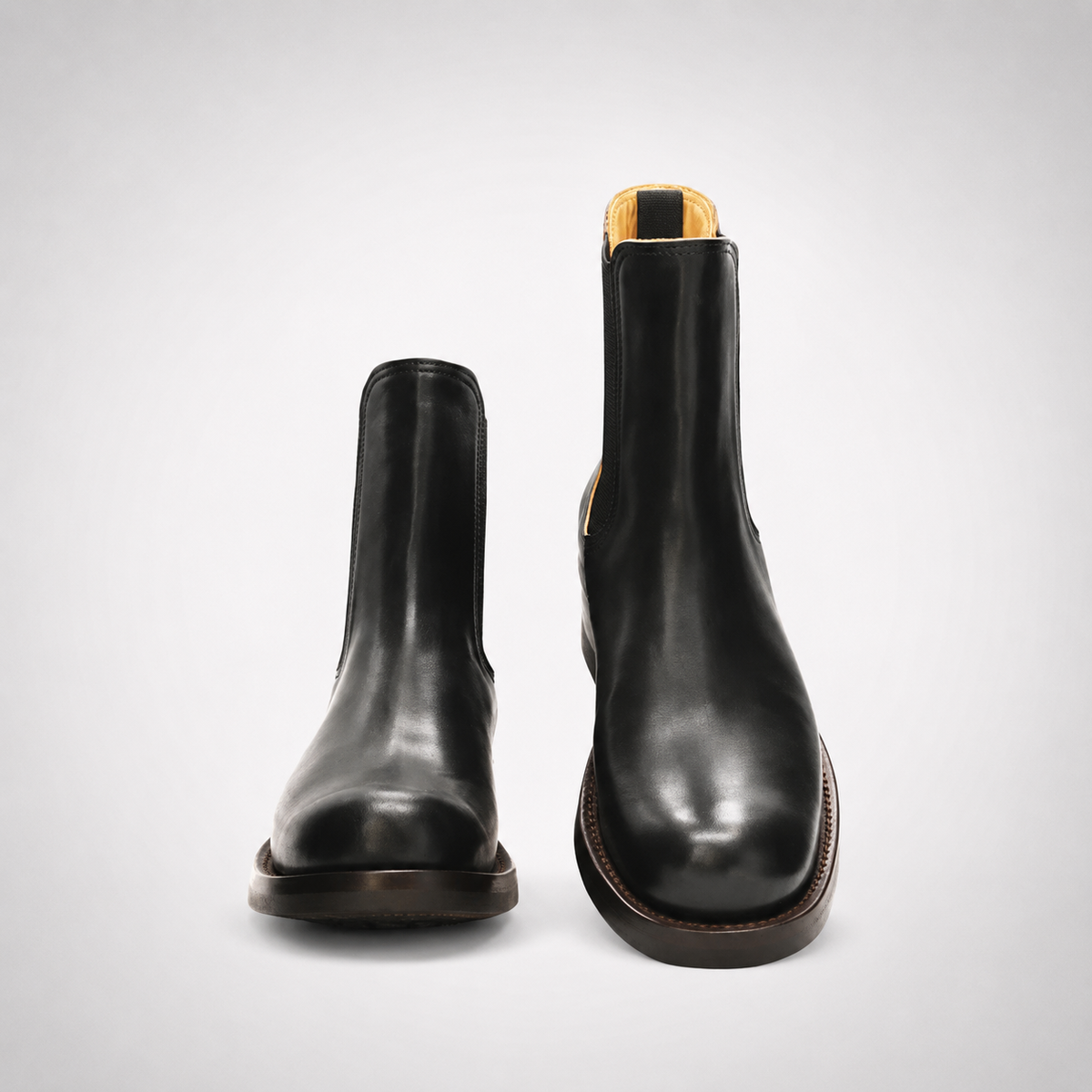 Mens Black Burnished Leather Chelsea Boots - Yellow Lined Block Heel