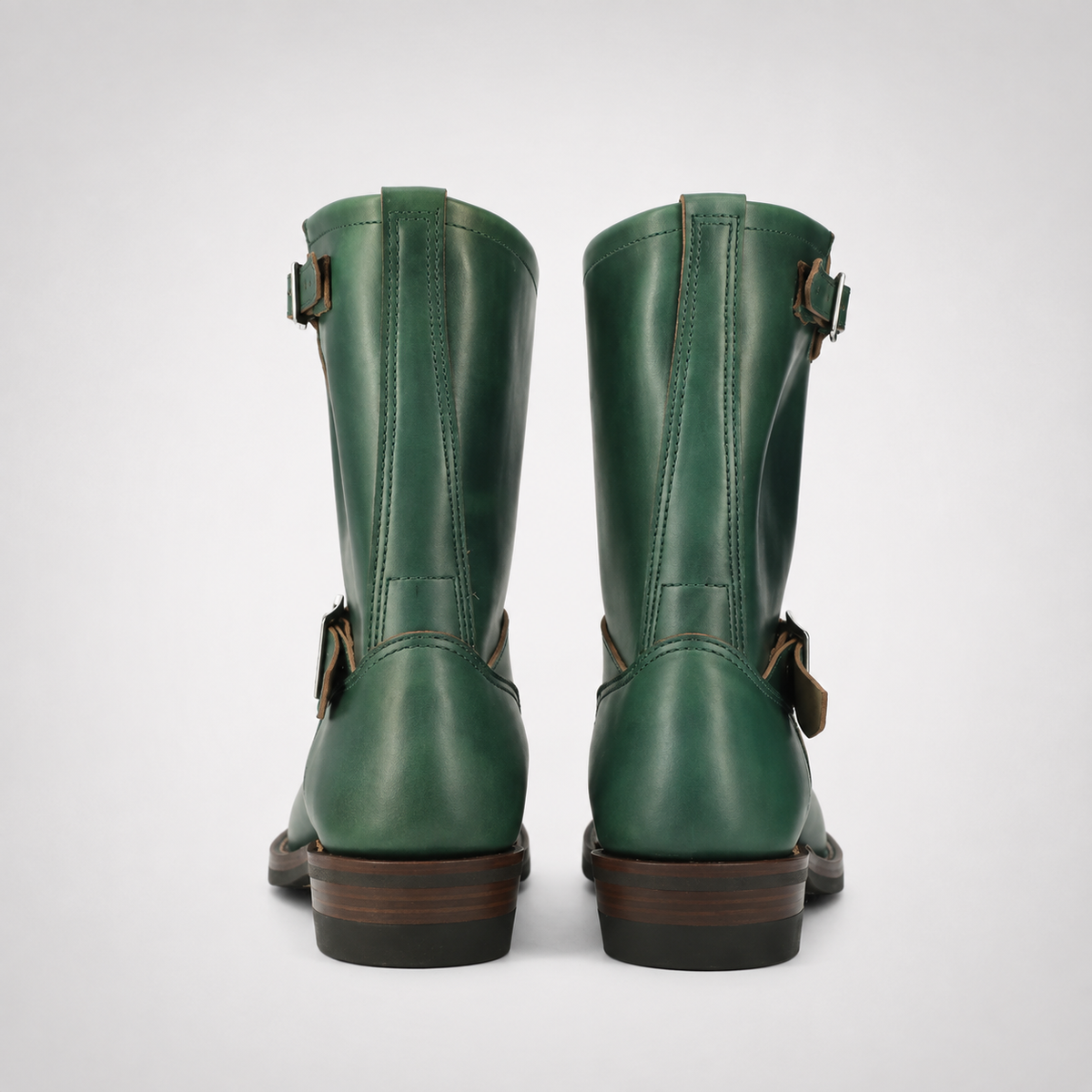 Mens Green Leather Engineer Boots - Dual Silver Buckle Brown Welt
