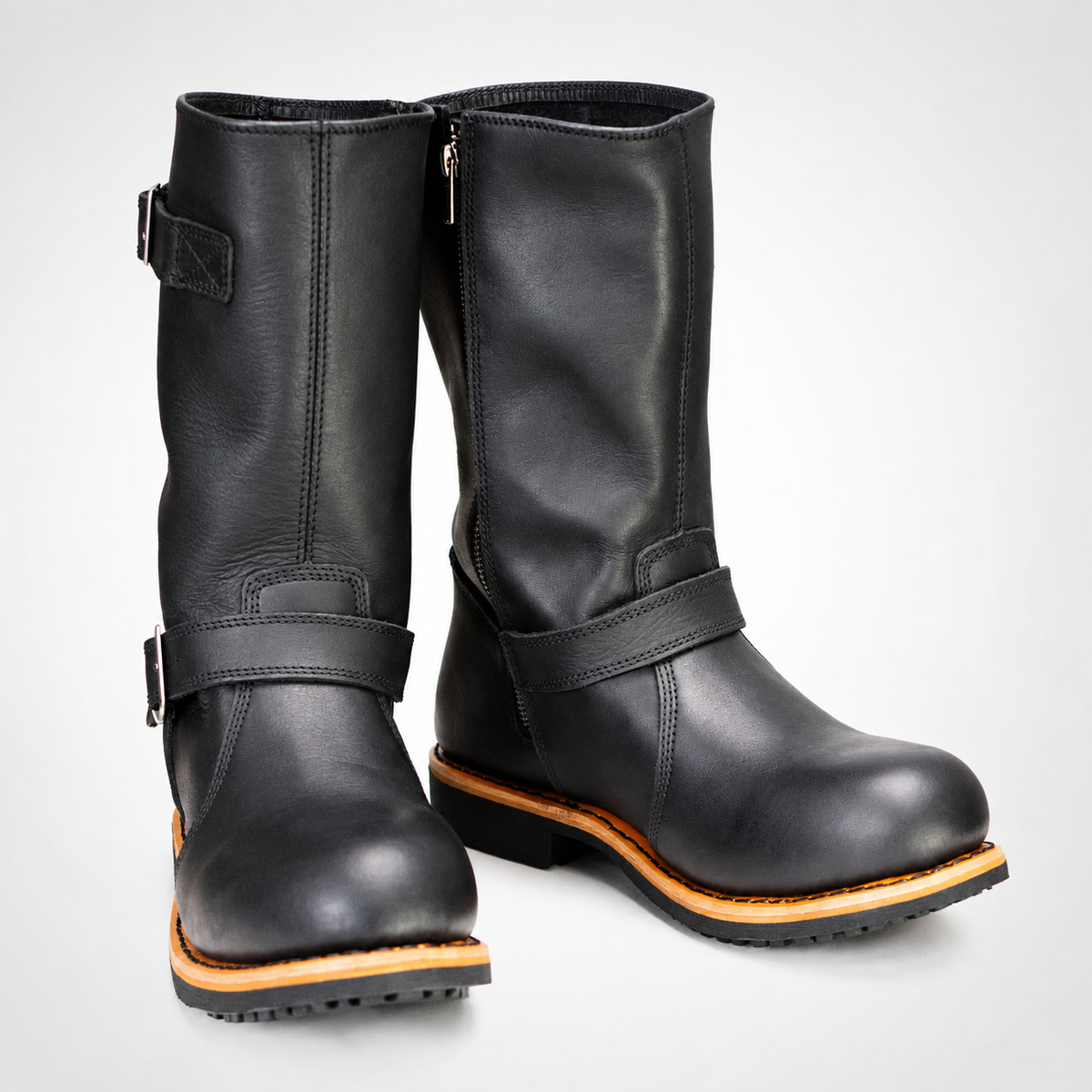 Mens Black Tall Biker Boots - Dual Buckle Natural Welt Sole