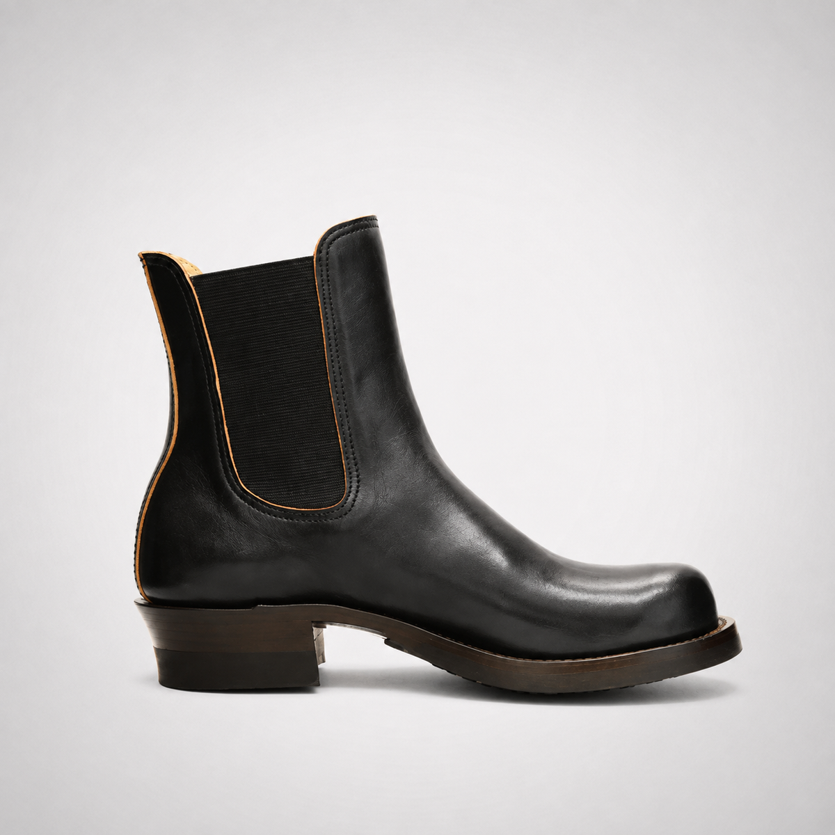 Mens Black Burnished Leather Chelsea Boots - Yellow Lined Block Heel