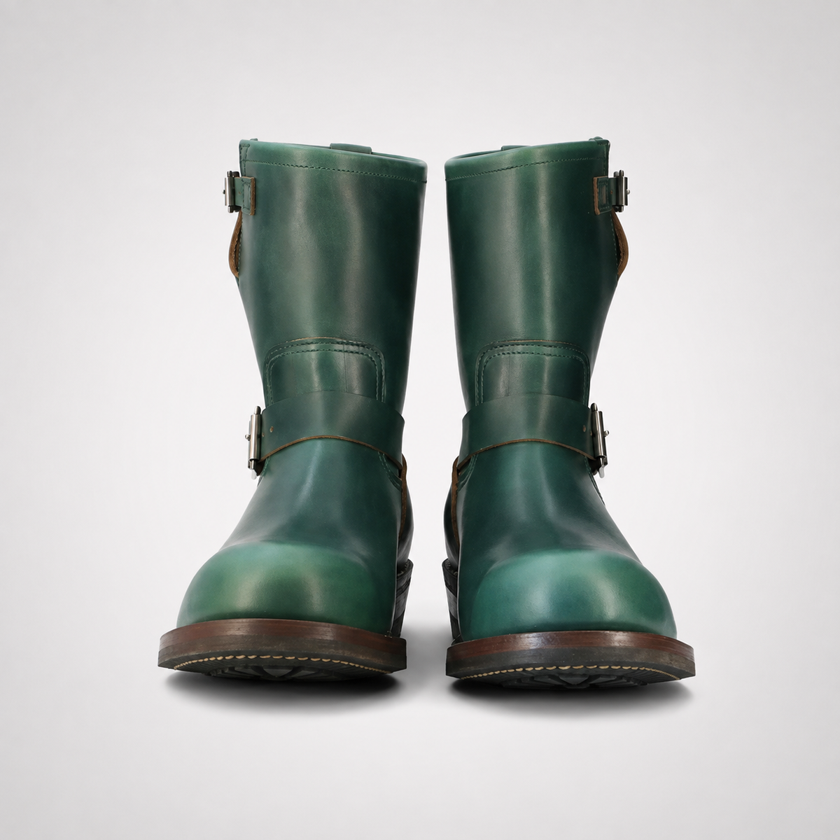 Mens Green Leather Engineer Boots - Dual Silver Buckle Brown Welt
