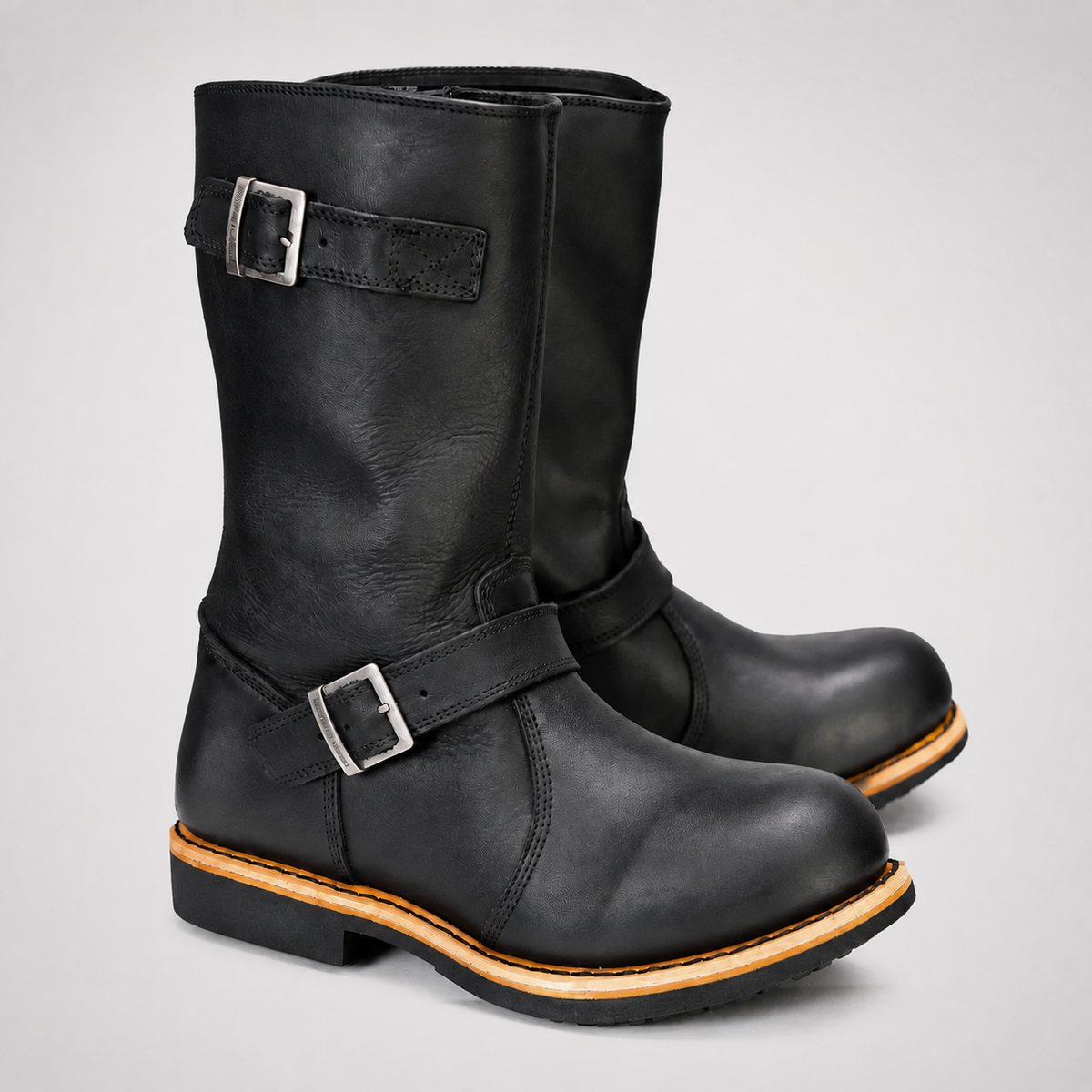Mens Black Tall Biker Boots - Dual Buckle Natural Welt Sole