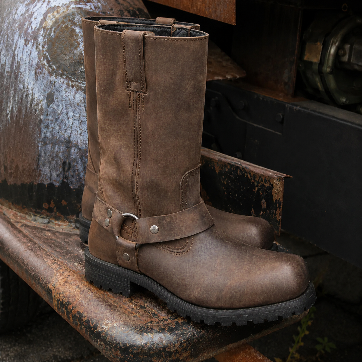 Mens Dark Brown Motorcycle Boots - Tall Pull-On Waxed Leather