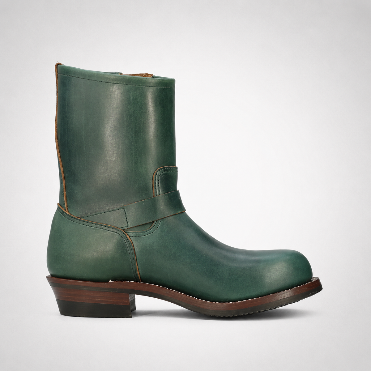 Mens Green Leather Engineer Boots - Dual Silver Buckle Brown Welt