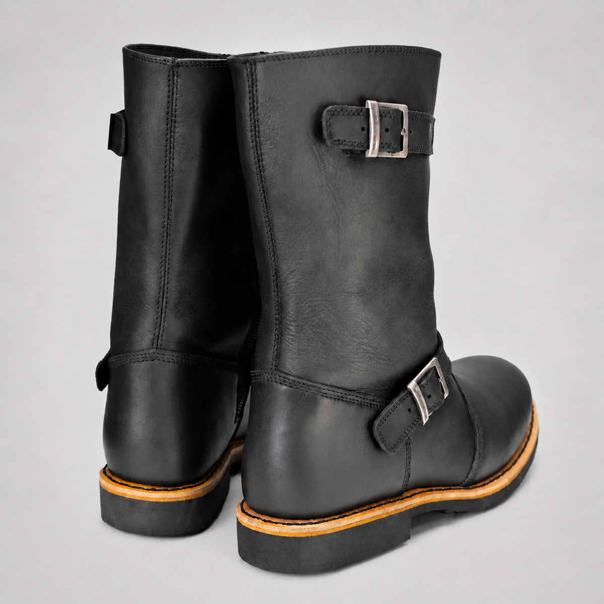Mens Black Tall Biker Boots - Dual Buckle Natural Welt Sole