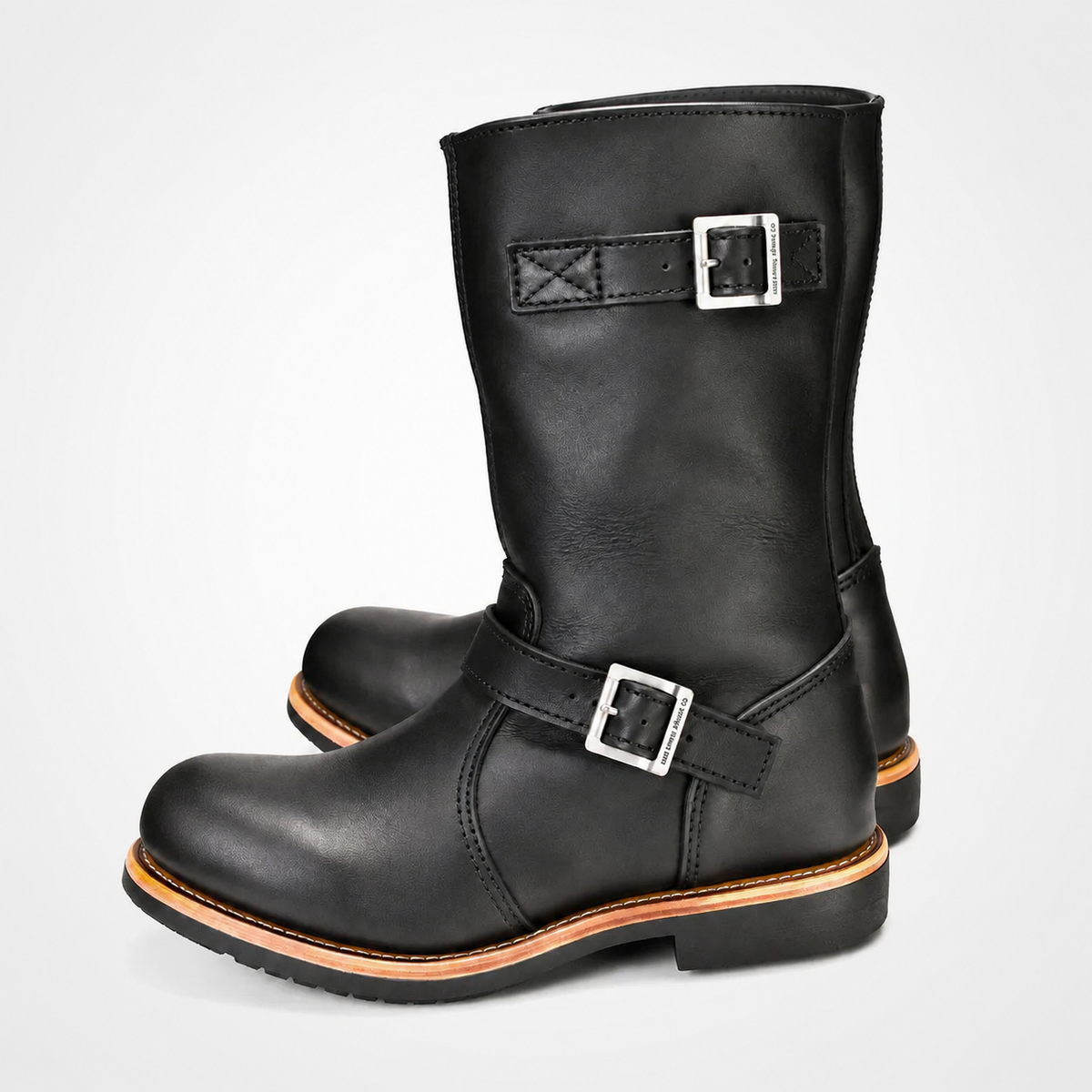Mens Black Tall Biker Boots - Dual Buckle Natural Welt Sole