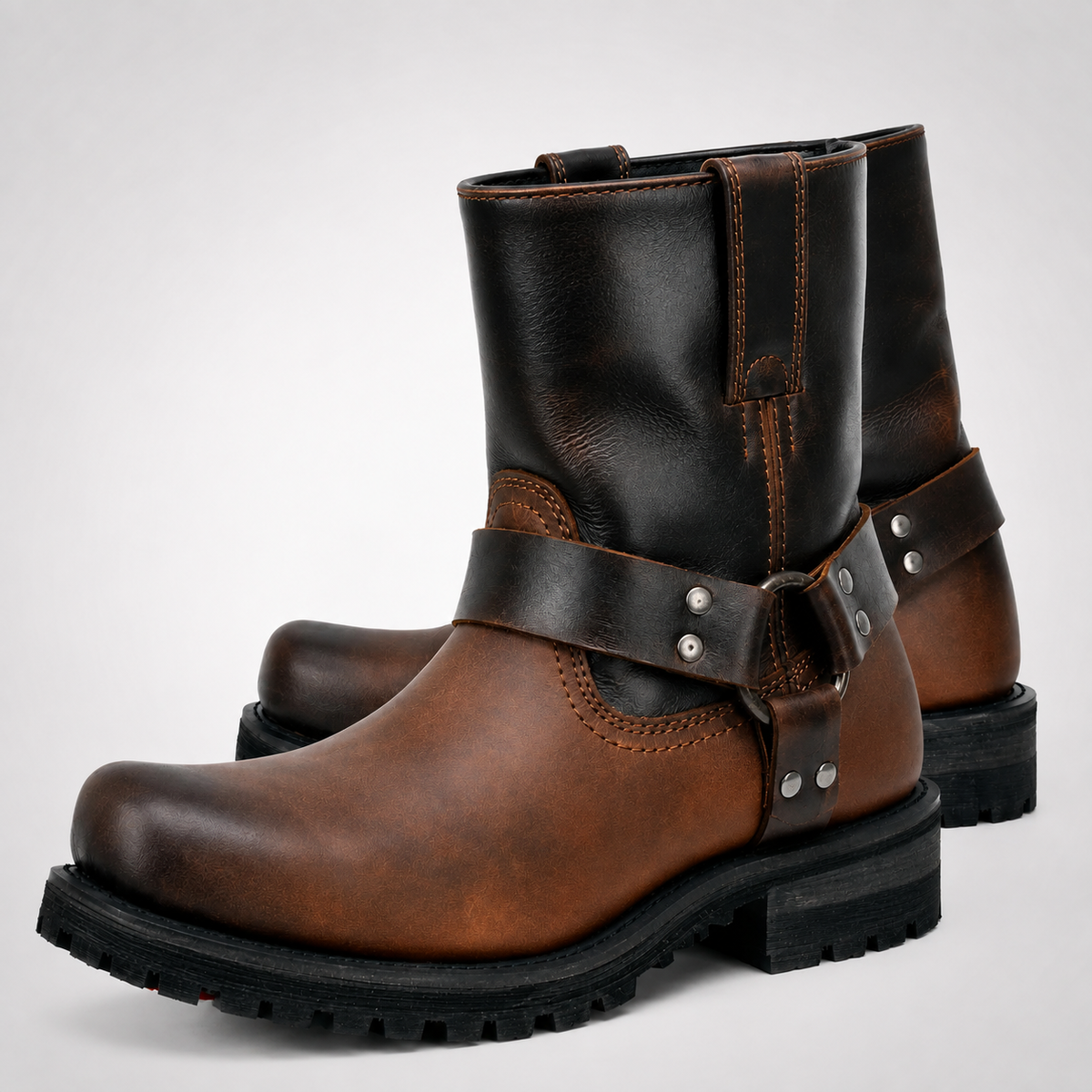 Mens Brown Harness Boots - Two-Tone Square Toe Biker