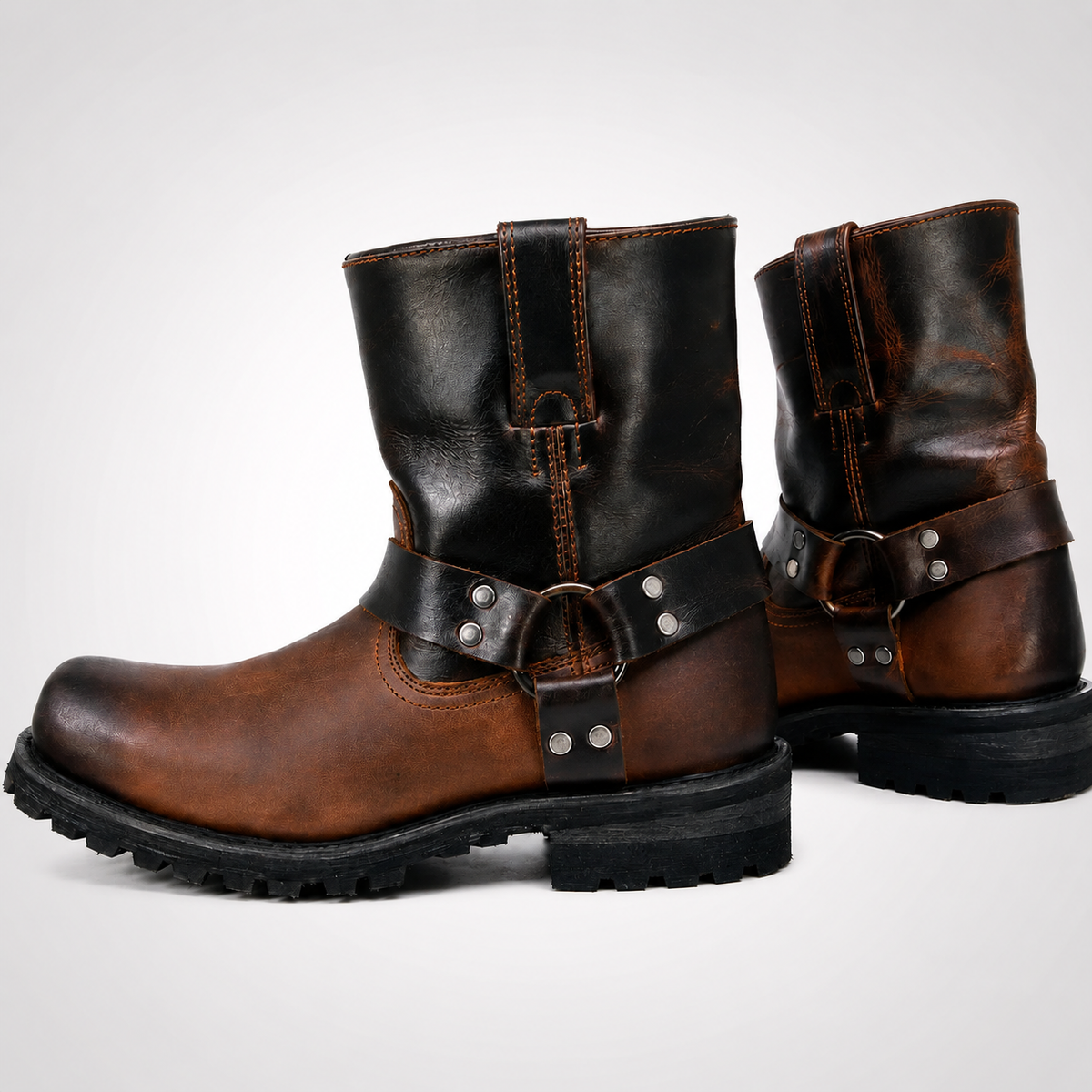 Mens Brown Harness Boots - Two-Tone Square Toe Biker