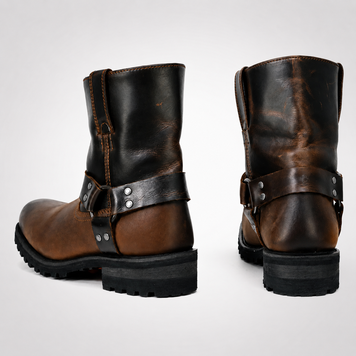 Mens Brown Harness Boots - Two-Tone Square Toe Biker