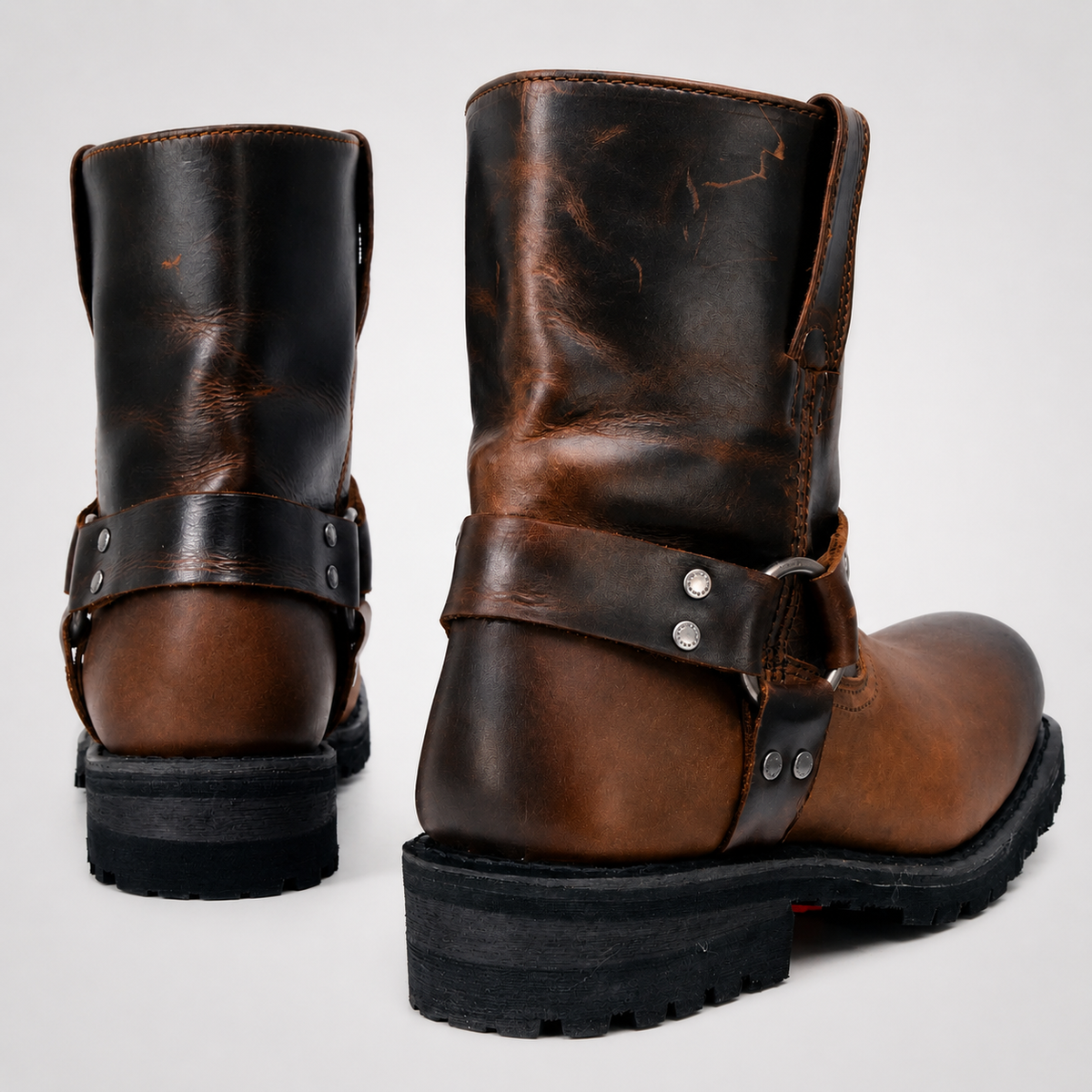 Mens Brown Harness Boots - Two-Tone Square Toe Biker