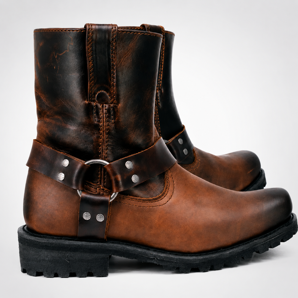 Mens Brown Harness Boots - Two-Tone Square Toe Biker