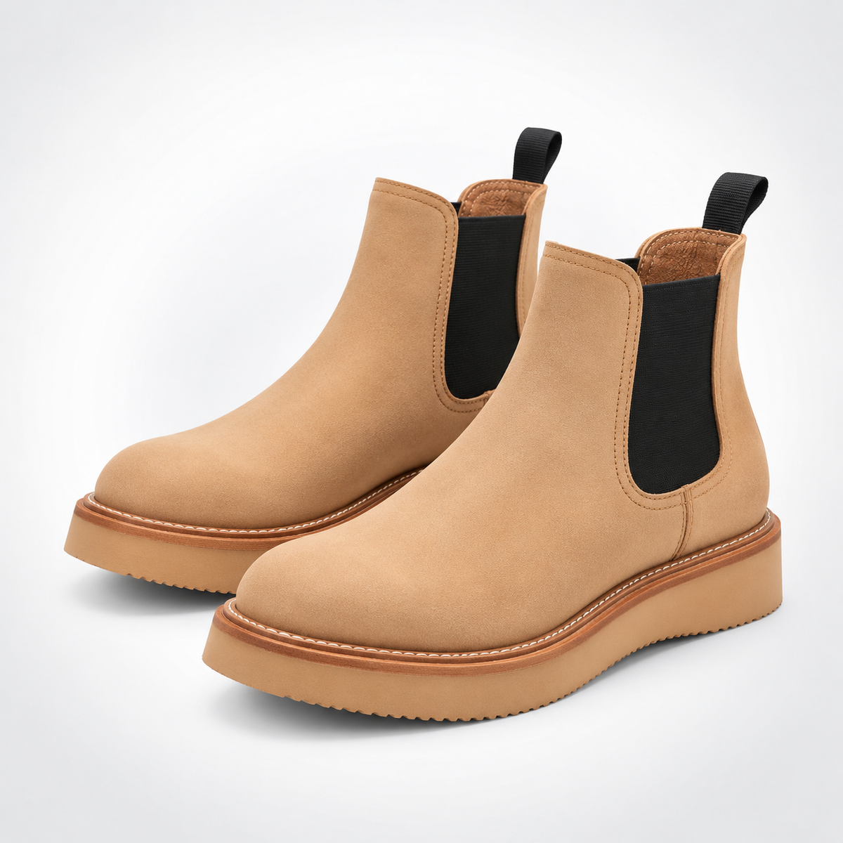 Mens Sand Nubuck Platform Chelsea Boots - Black Gusset Caramel Welt Slip-On