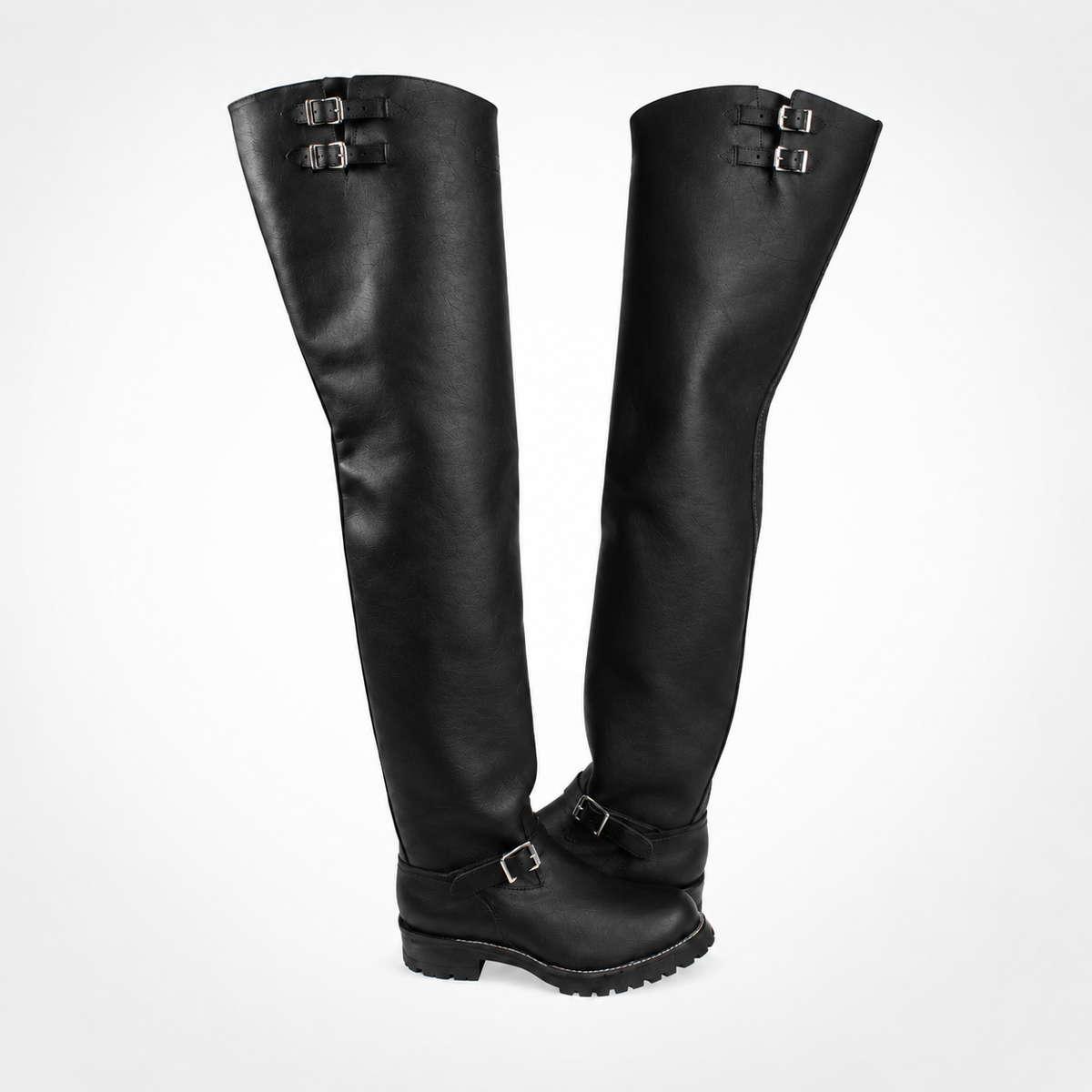 The Big Boss Leather Boots Over-the-Knee Triple Buckle Engineering Boots - Chunky Block Heel