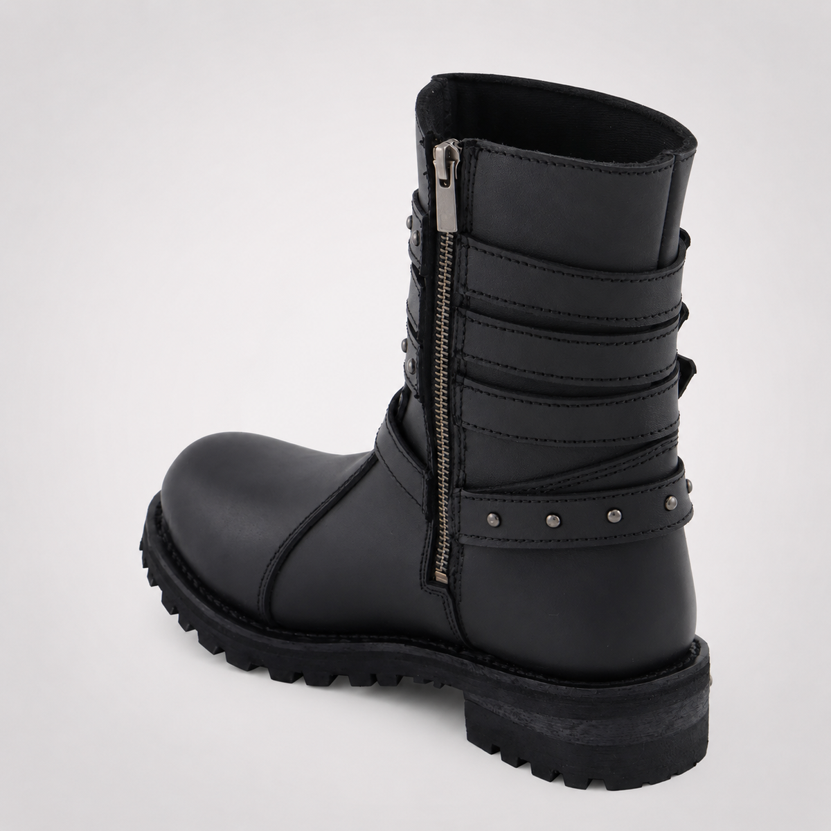 Black Leather Dual Zip Lace-Up Trooper Boots - Padded Collar Patrol Style