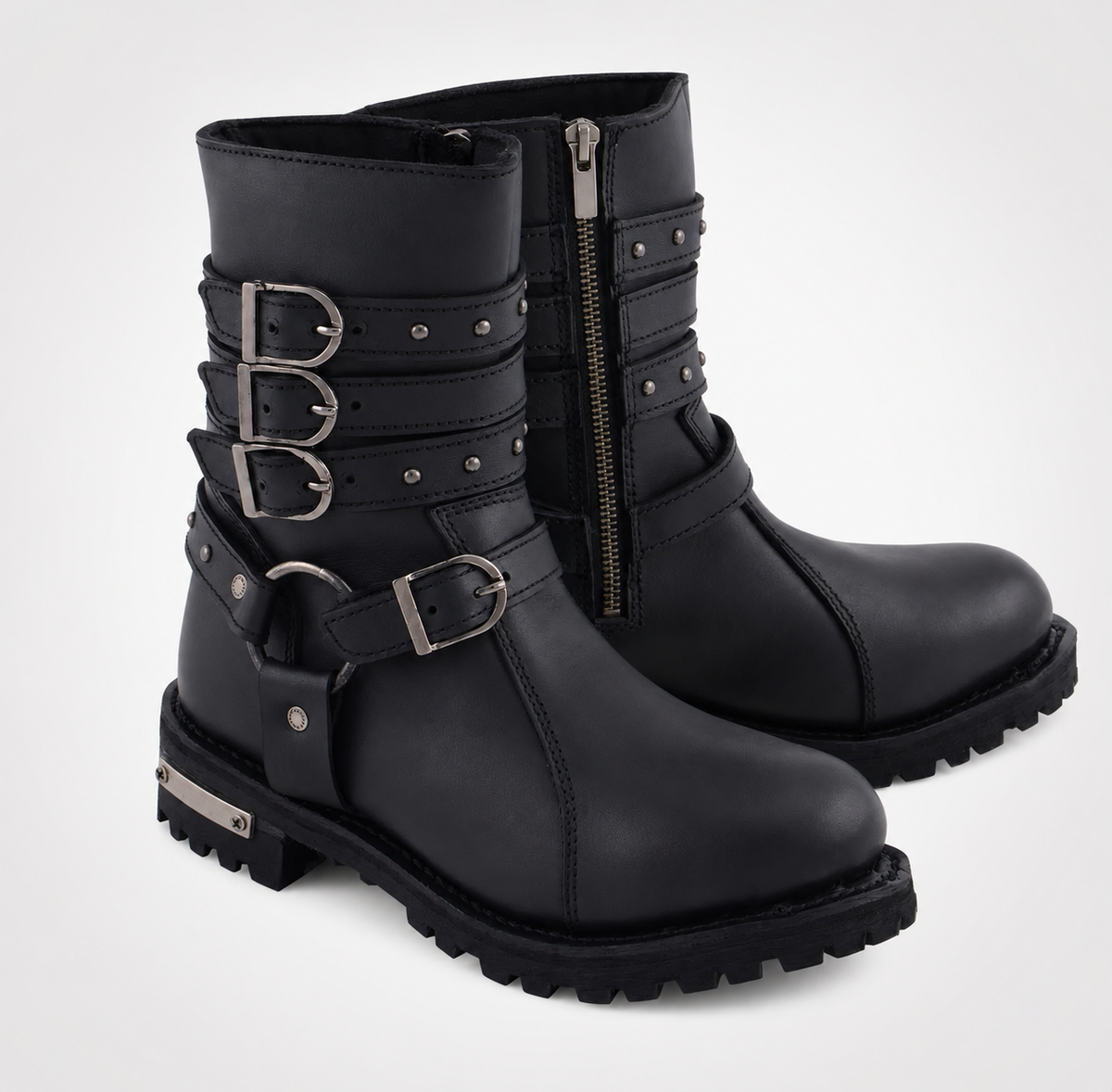 Black Leather Dual Zip Lace-Up Trooper Boots - Padded Collar Patrol Style