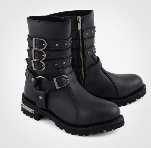Black Leather Dual Zip Lace-Up Trooper Boots - Padded Collar Patrol Style
