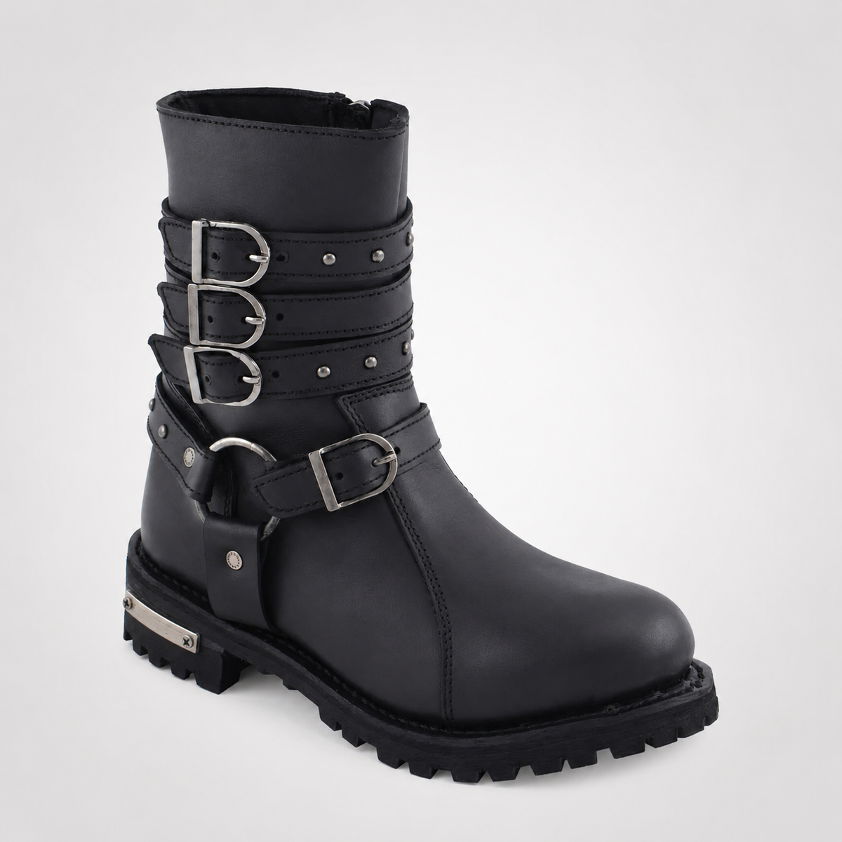 Black Leather Dual Zip Lace-Up Trooper Boots - Padded Collar Patrol Style