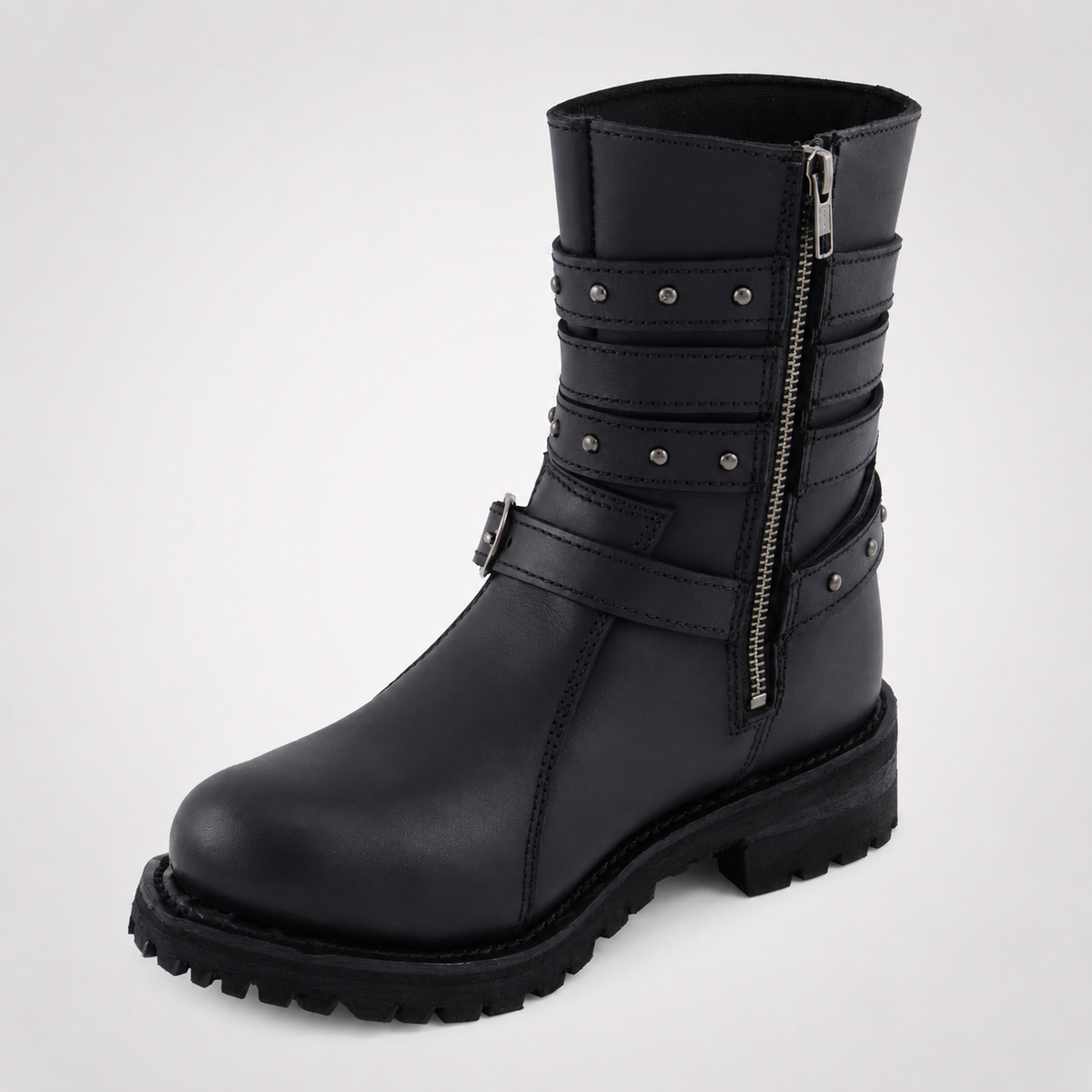 Black Leather Dual Zip Lace-Up Trooper Boots - Padded Collar Patrol Style