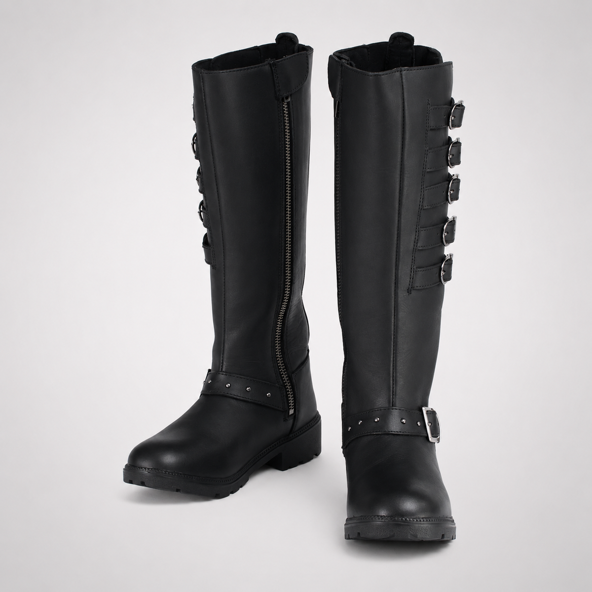 Black Knee-High Multi-Buckle Studded Combat Boots - Leather Biker Style