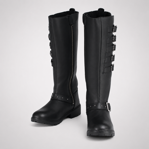 Black Knee-High Multi-Buckle Studded Combat Boots - Leather Biker Style