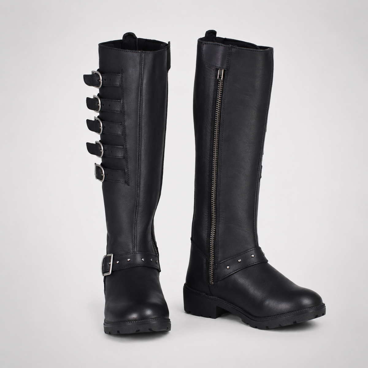 Black Knee-High Multi-Buckle Studded Combat Boots - Leather Biker Style