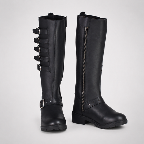 Black Knee-High Multi-Buckle Studded Combat Boots - Leather Biker Style