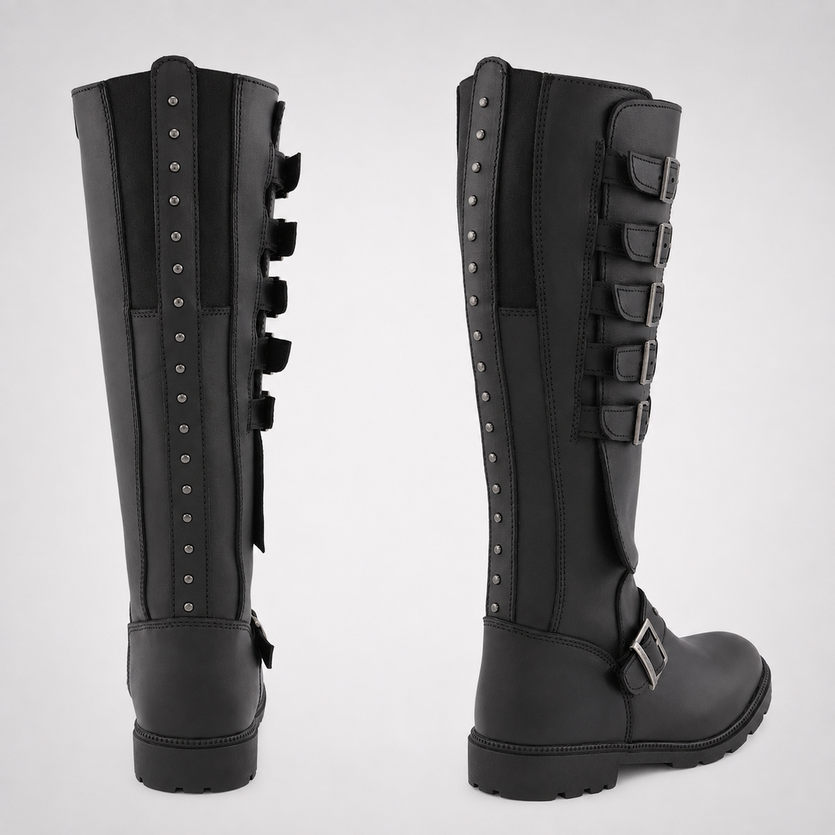 Black Knee-High Multi-Buckle Studded Combat Boots - Leather Biker Style