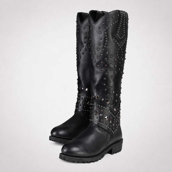 Womens Black Studded Knee-High Motorcycle Boots - Leather Biker Western Style
