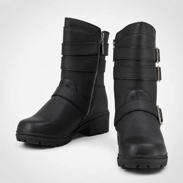 Womens Black Triple Buckle Motorcycle Boots – Mid-Calf Leather Biker Boot