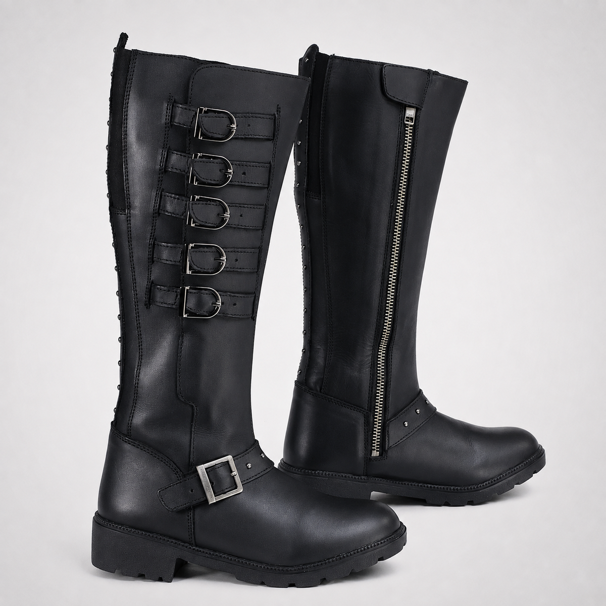 Black Knee-High Multi-Buckle Studded Combat Boots - Leather Biker Style