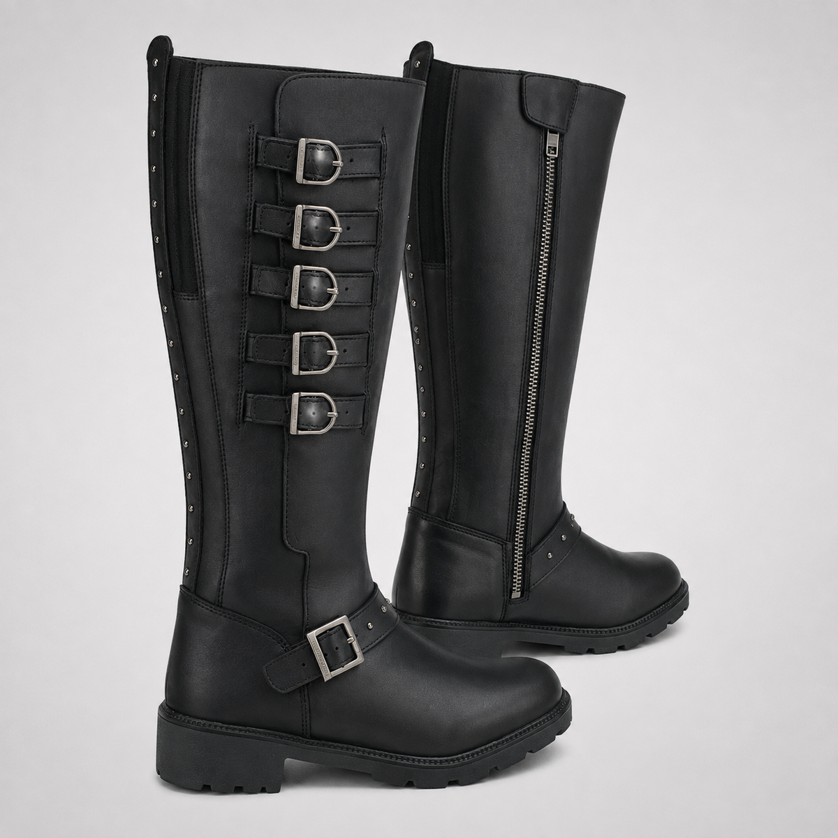 Black Knee-High Multi-Buckle Studded Combat Boots - Leather Biker Style