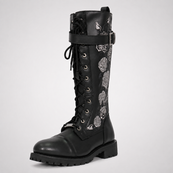 Womens Black Knee-High Lace-Up Combat Boots - Leather Zip-Up Tall Boot