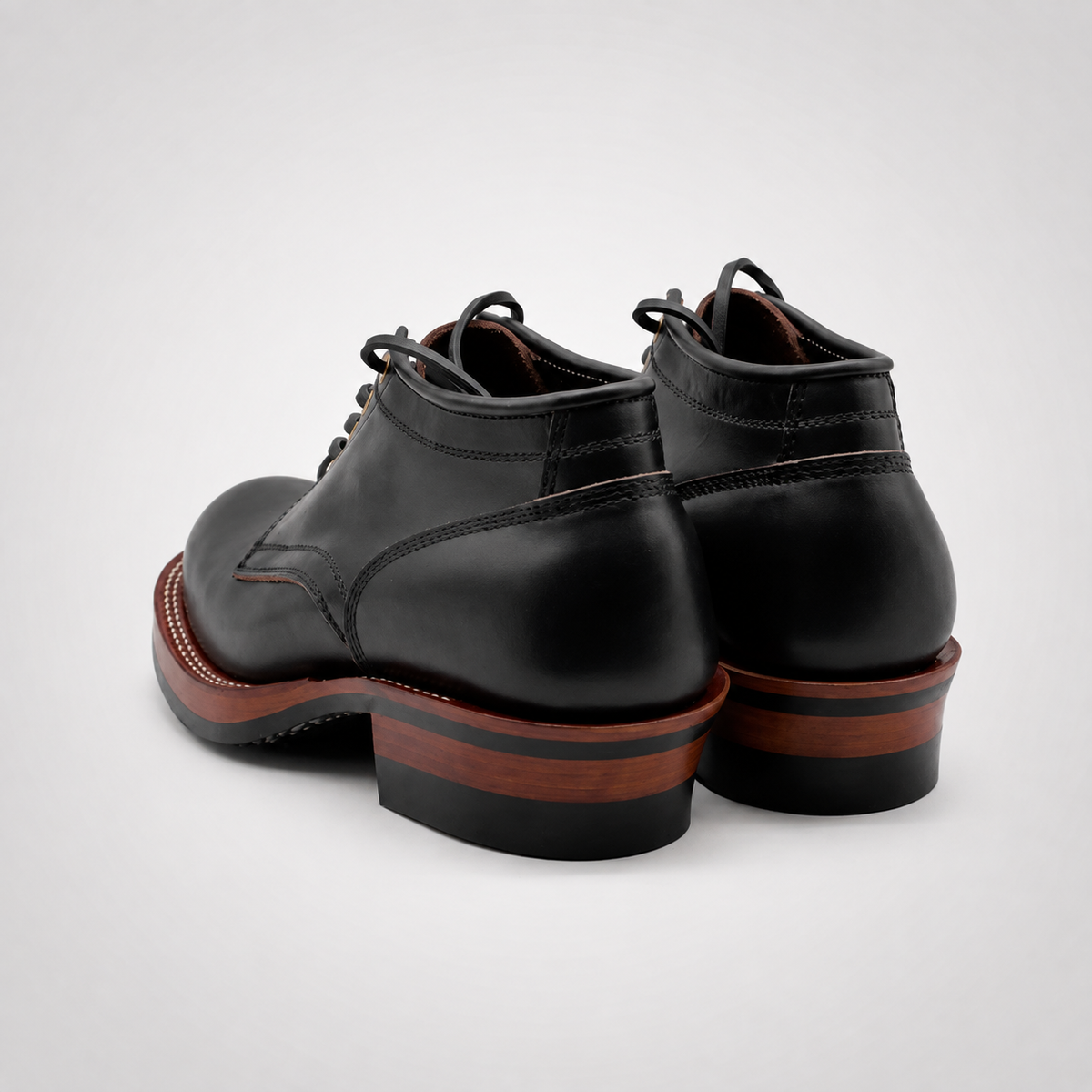 Mens Black Full-Grain Leather Gold Eyelet Chukka Work Boots - Striped Heel Vibram Sole