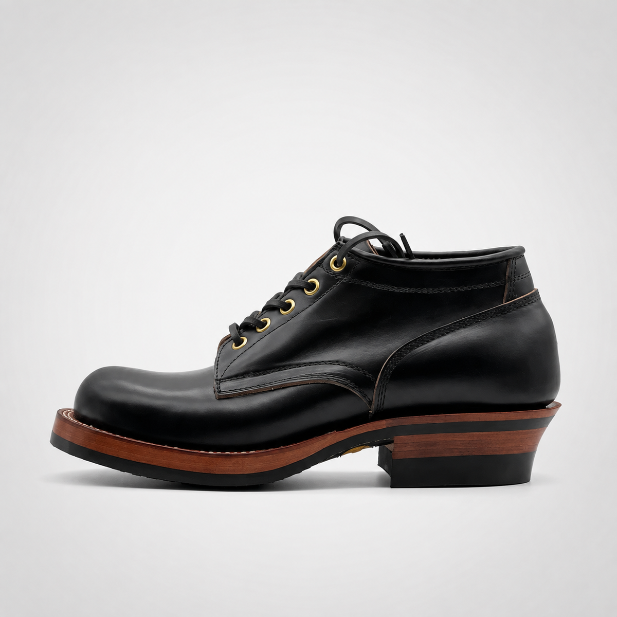Mens Black Full-Grain Leather Gold Eyelet Chukka Work Boots - Striped Heel Vibram Sole