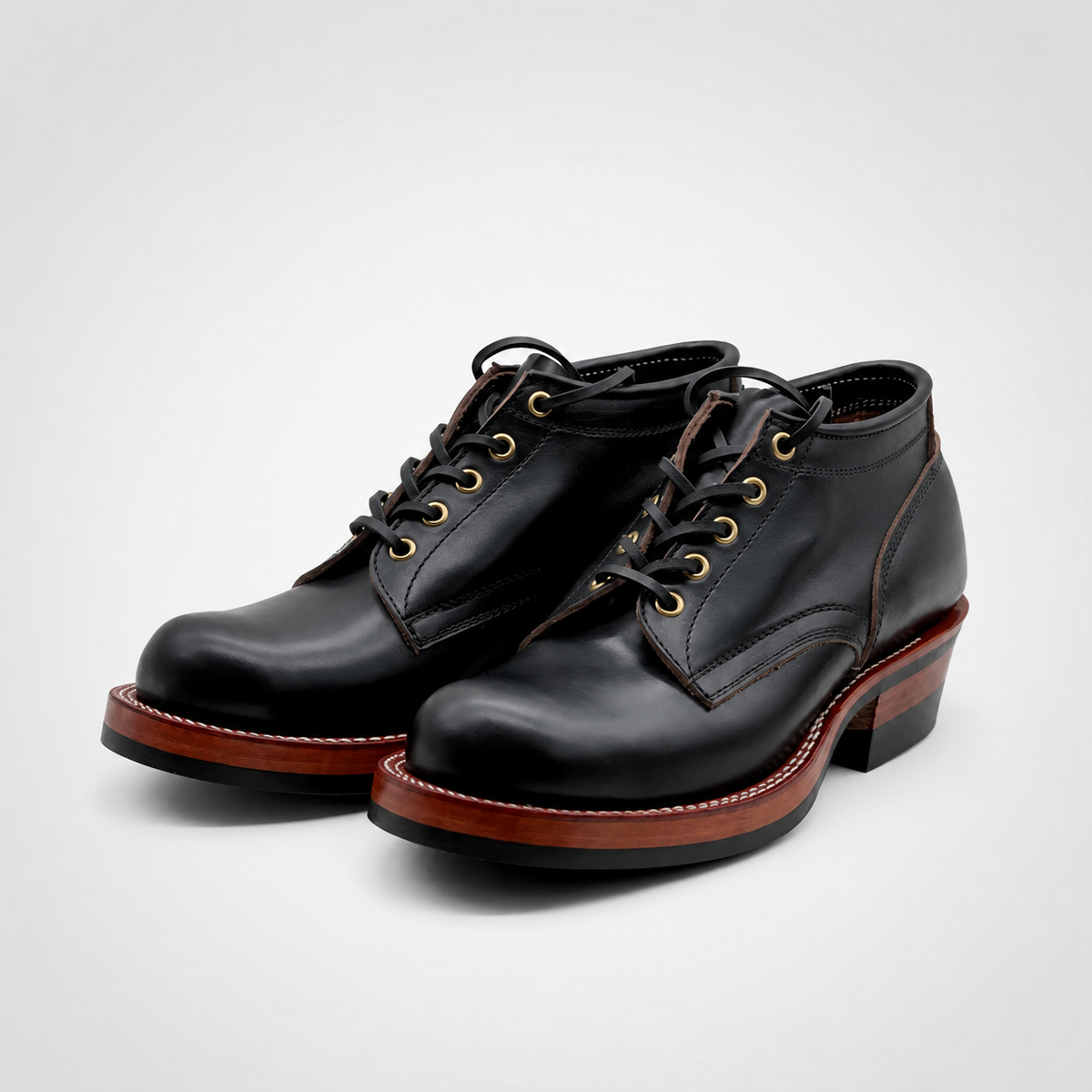 Mens Black Full-Grain Leather Gold Eyelet Chukka Work Boots - Striped Heel Vibram Sole