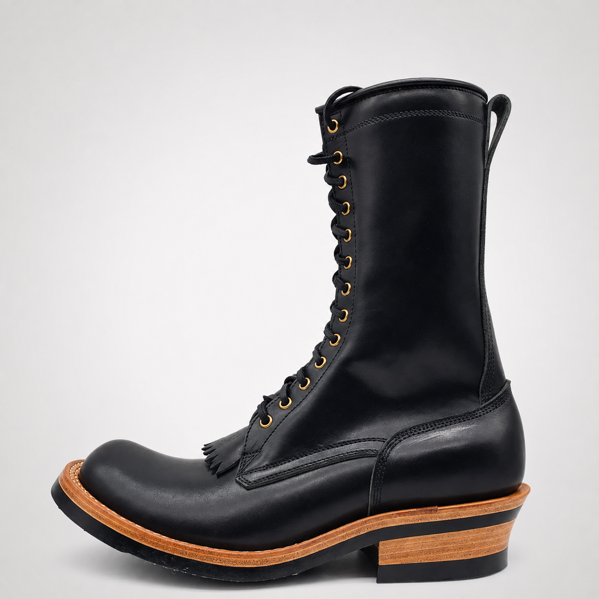 Mens Black Leather Kiltie Fringe Lace-Up Ankle Boots - Goodyear Welt Artisan Style