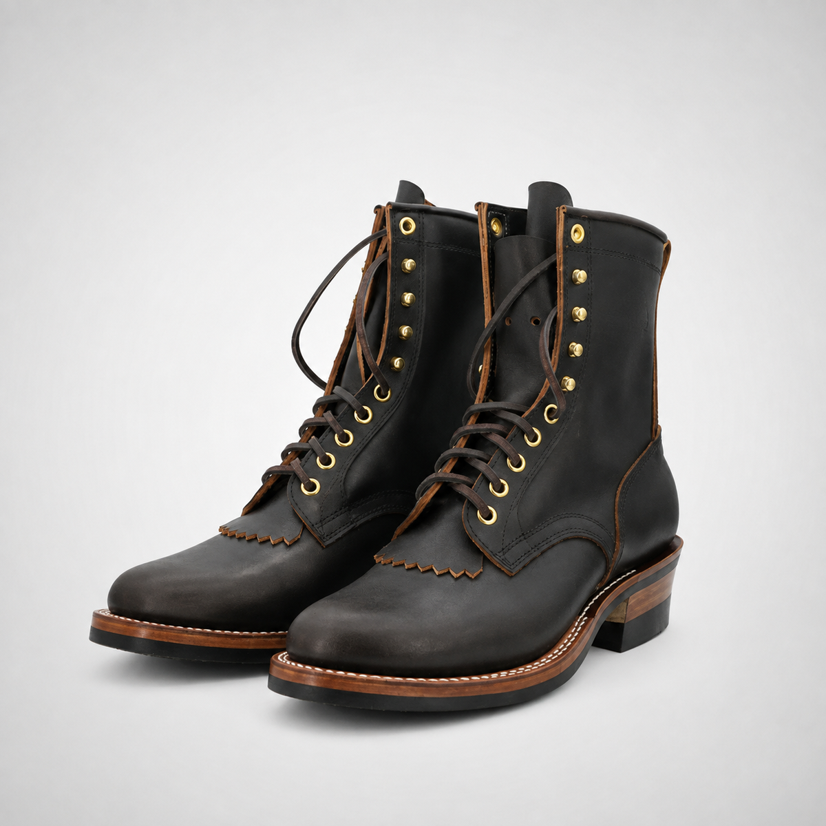 Mens Espresso Oiled Leather Kiltie Packer Logger Boots - Cuban Heel Goodyear Welt