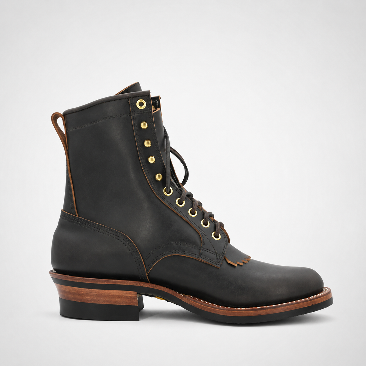 Mens Espresso Oiled Leather Kiltie Packer Logger Boots - Cuban Heel Goodyear Welt