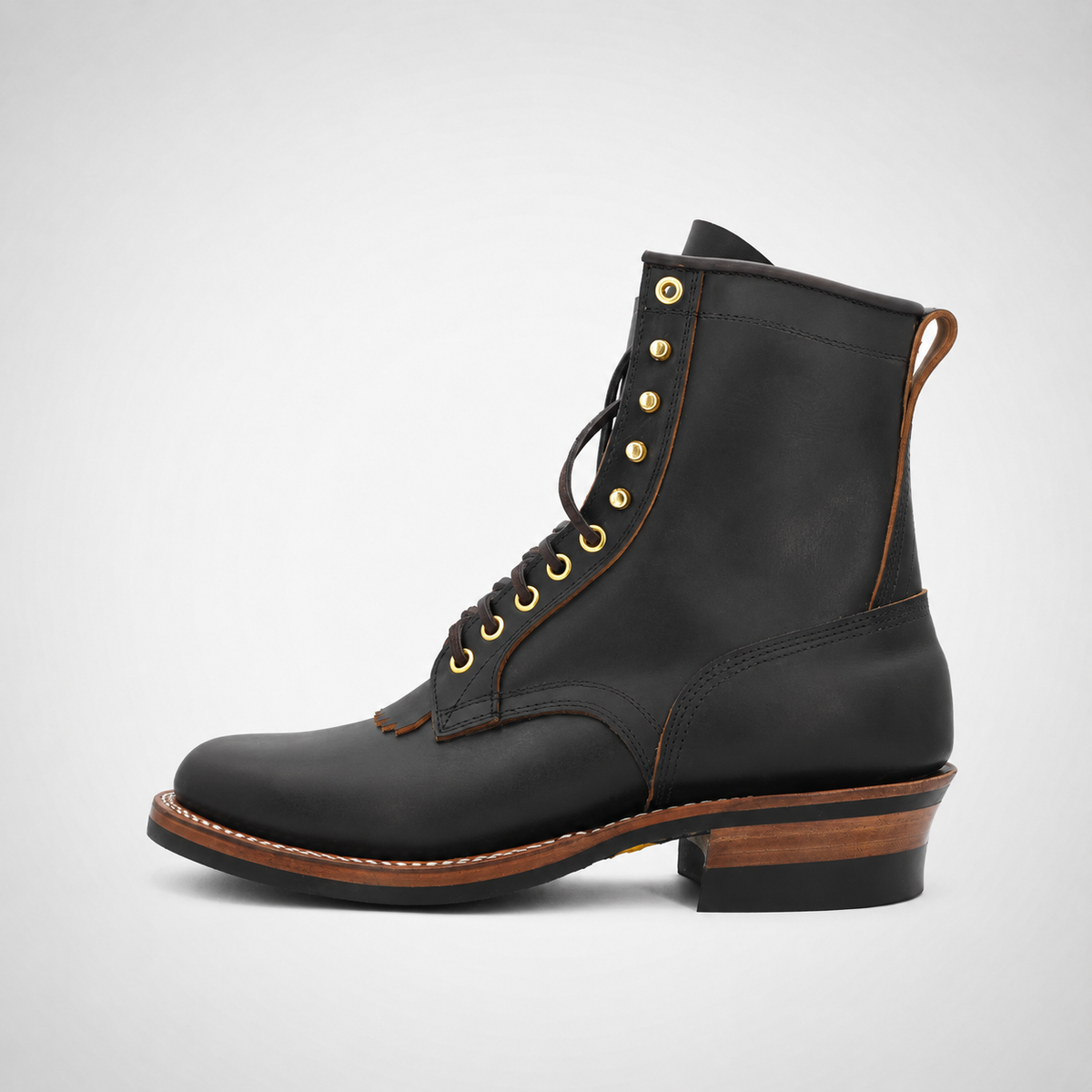 Mens Espresso Oiled Leather Kiltie Packer Logger Boots - Cuban Heel Goodyear Welt