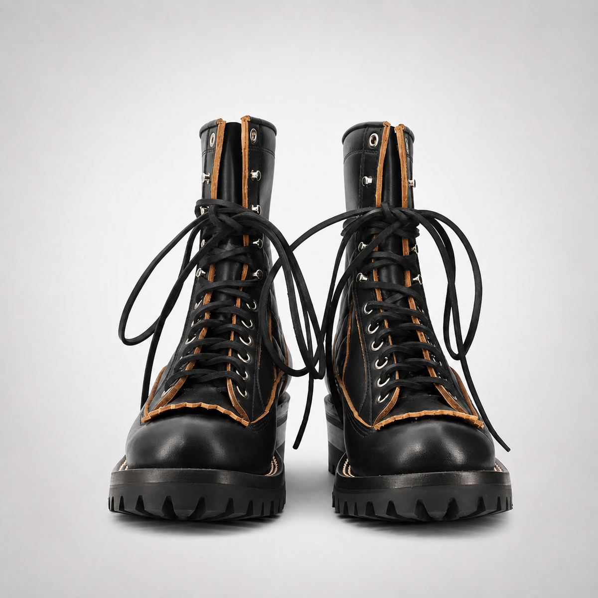 Mens Black Oiled Leather Silver Eyelet Wildland Boots - Tan Piping Safety Toe Lug Sole