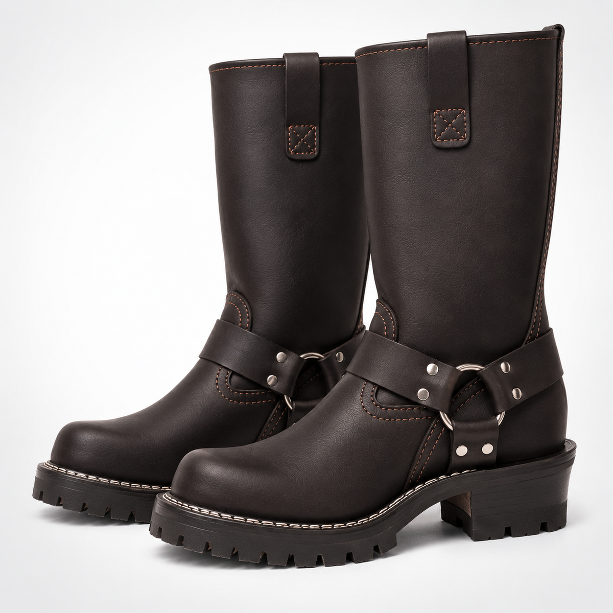 The Bold Harness Leather Boots -12-14 Inches Tall- Silver O-Ring Stud Lug Sole