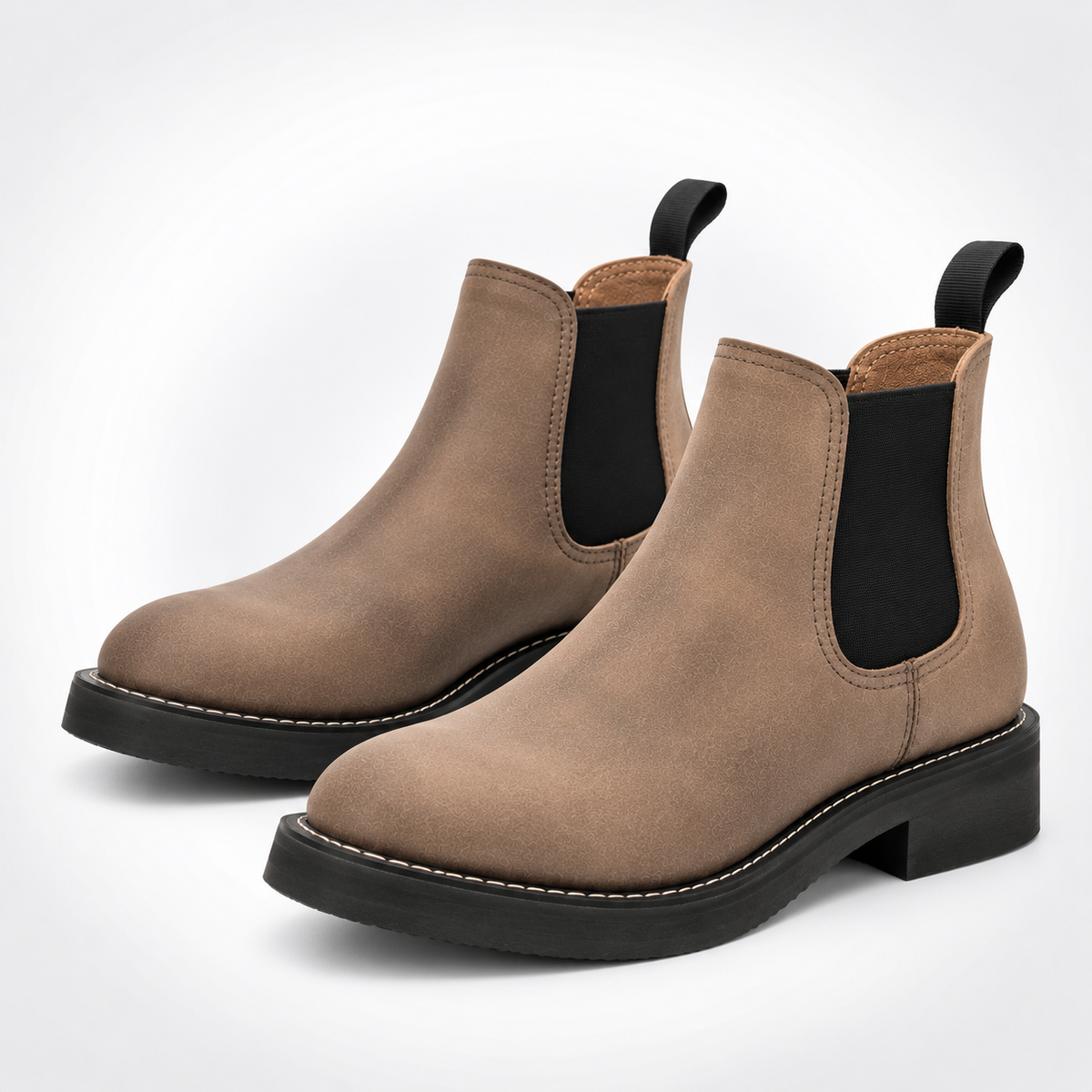 Mens Mocha Nubuck Chelsea Boots - Black Sole Grosgrain Tab Stacked Block Heel